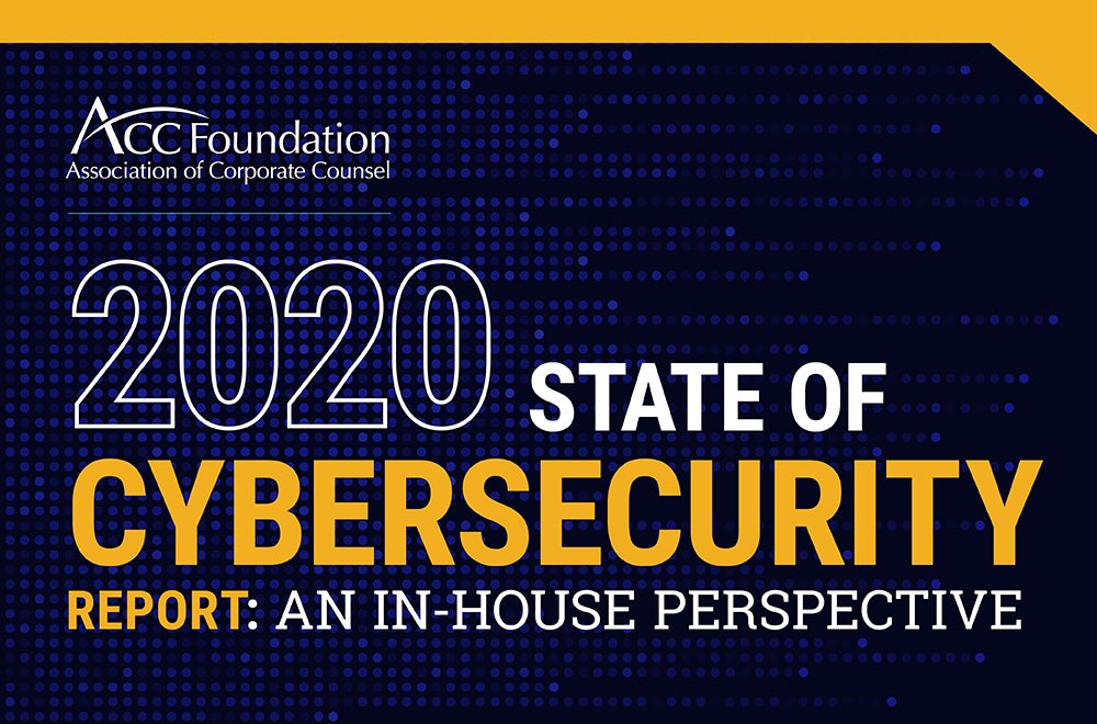 2020 cybersecurity yellow text on blue and white background