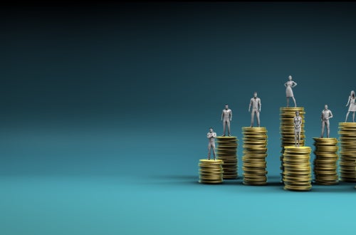 image of figures standing on stacks of coins