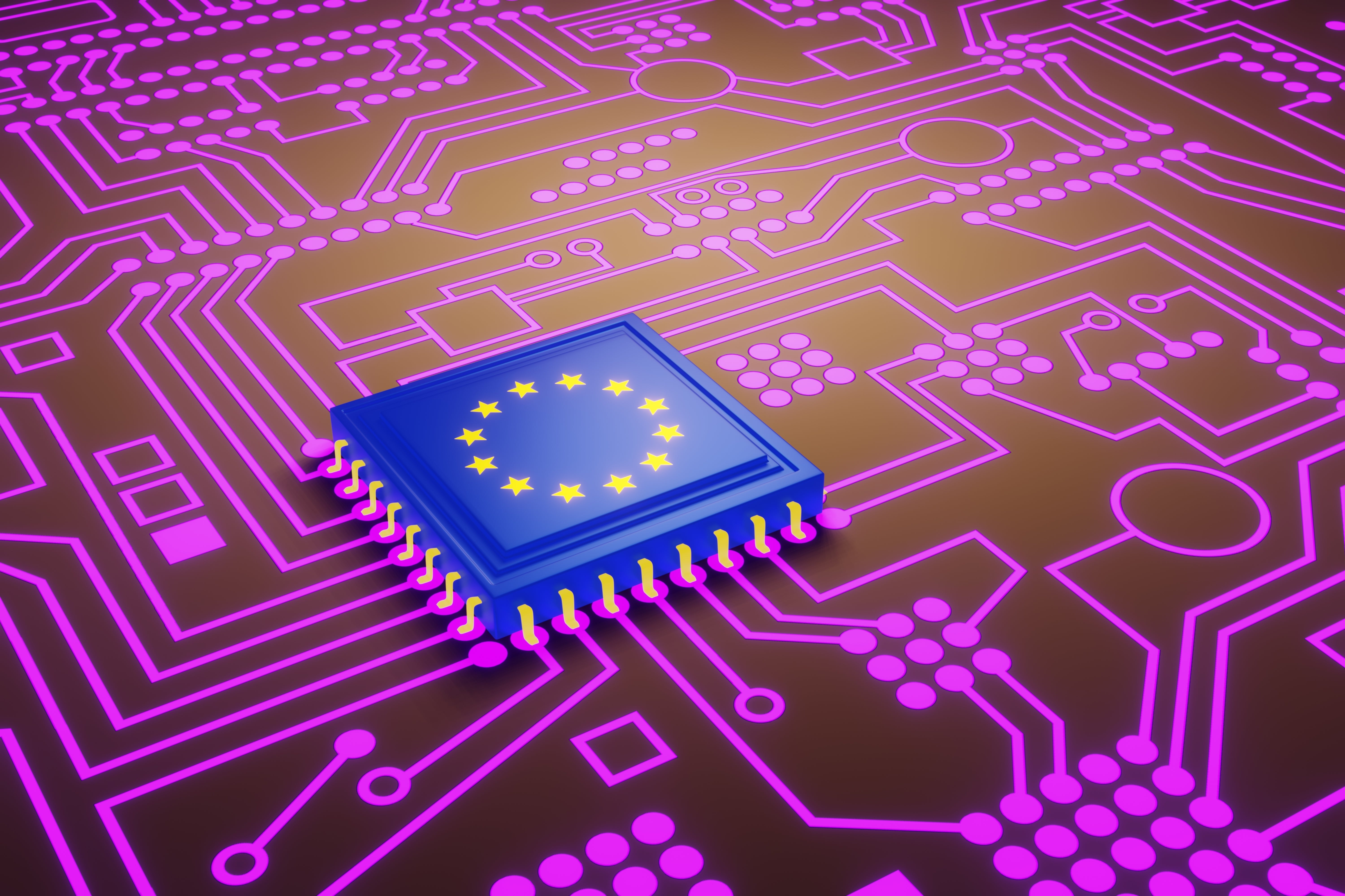 EU flag microchip on purple circuit board